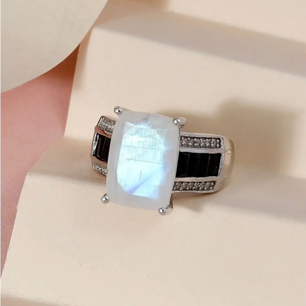 NWT Rainbow Moonstone, Black Spinel & White Zircon Ring! - Picture 2 of 10